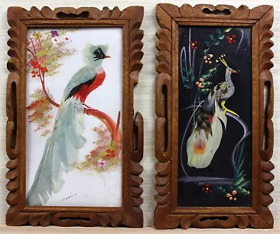 Lot/2 FRAMED MEXICO FEATHERCRAFT PARROTS BIRDS Handmade Hand Carved Cedar Frames • $39.95