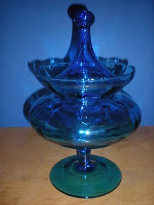 Lg Blue Apothecary Jar Vtg Hand Blown Empoli Italian Canister Circus Tent Lid • $44.92