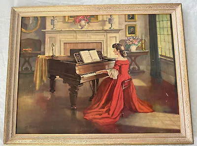 VTG M Ditlef  SONATA  Lady In Red Playing Piano Art Turner Wall Accessory Framed • $119