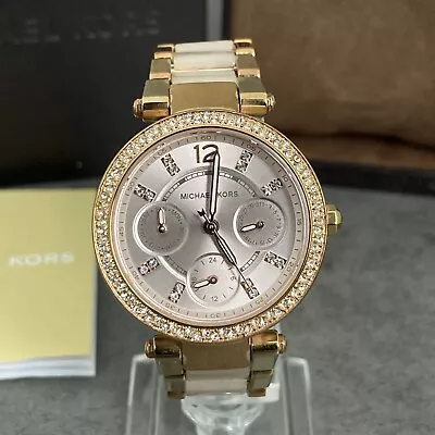 Michael Kors Womens Watch MK-6110 Mini Parker Crystals R.Gold Steel Box New Batt • £39.90