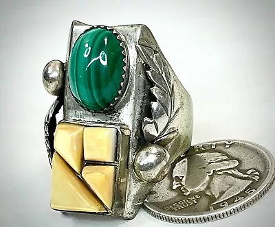 Sterling Silver Yellow MOP Malachite 5 Stone Ring Sz 10.75 33.5mm Old Pawn AZ • $170