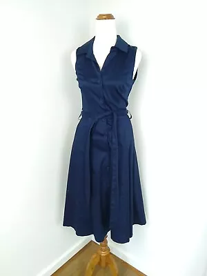 Review Women's Dress Size 6 Navy Blue Fit And Flare Belt Button Up • $75