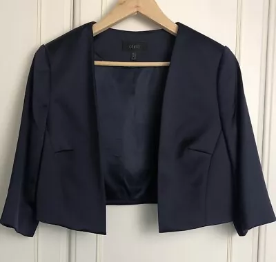 Coast Satin Bolero Jacket Size UK 14  Navy Blue Wedding Guest Occasion Cover Up • £40