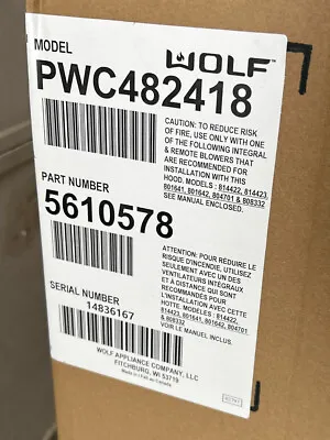 $2300 • Buy Brand New Wolf PWC482418 48” Wall Chimney Stove Hood Open Box Pick Up Only