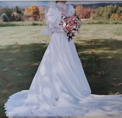 Vintage 1990s Wedding Dress 10 Victorian Lace Beaded High Neck Long-sleeve Train • $199