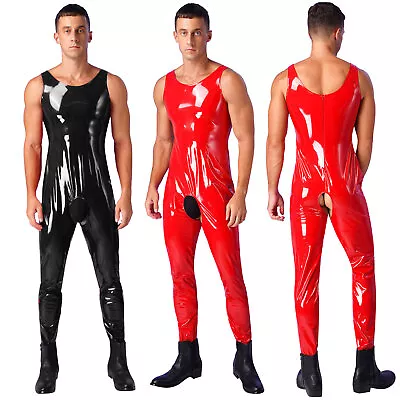 Men's Leather Slim Fit Unitard Bodysuit Wet Look Hollow Out Jumpsuit Club Wear • $8.36