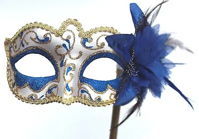 £12.95 • Buy L:adies Blue & Gold Venetian Masquerade Prom Party Ball Mask On Stick Hand Held