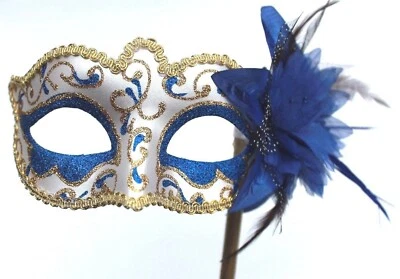 £12.95 • Buy L:adies Blue & Gold Venetian Masquerade Prom Party Ball Mask On Stick Hand Held
