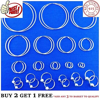 £10.97 • Buy Real Genuine 925 Sterling Silver Hoop Sleeper Earrings Large Small Set Nose Ring