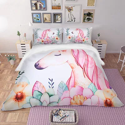 $38.89 • Buy Unicorn Floral Quilt Duvet Doona Cover Set Single Queen King Size Bed Pillowcase