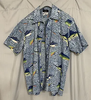 Vintage 80s FINS Hawaiian Game Fish Button Up Shirt L Blue Tribal Pocket • $9.99