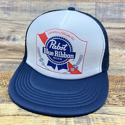 Pabst Blue Ribbon Beer Mens Trucker Hat Navy Snapback PBR Wisconsin Mesh Cap • $19.99