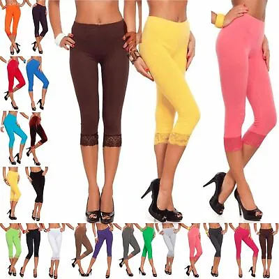 Womens 3/4 Length Lace Jeggings Ladies Trim Edge Cropped Jog Trouser Legging UK • £7.45