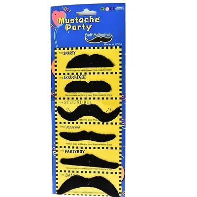 6x BLACK STICK ON FALSE MOUSTACHES Vintage Moustache Fancy Dress Up Hen Party UK • £2.52