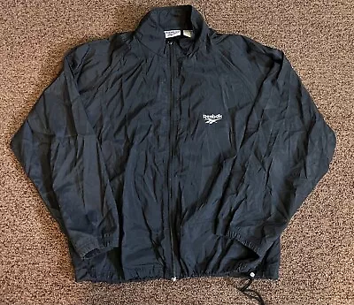 Vintage Reebok Windbreaker Jacket Mens L Black Hooded Full Zip Logo Adult • $25