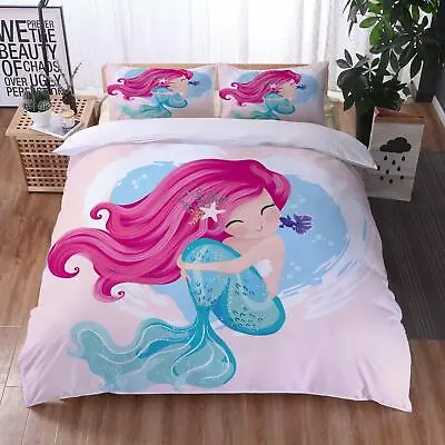 Girls Gift Cartoon Mermaid Doona Quilt Duvet Cover Set Single Queen Size Bed AU • $16.06