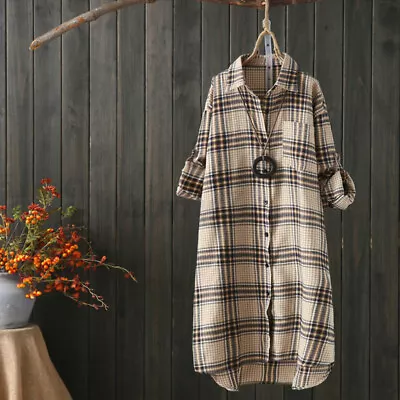 Women Long Sleeve Collared Casual Check Tunic Long Tops Shirt Dress Coat Outwear • £12.76