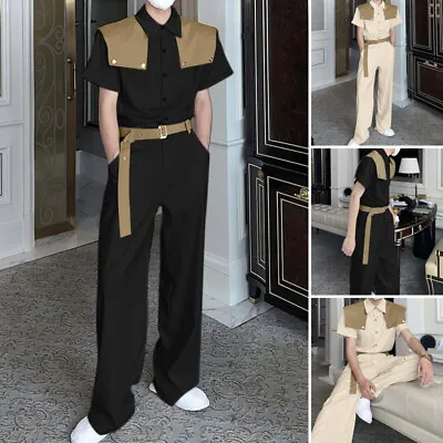 Fashion Men Laper Neck Long Jumpsuits Overalls Casual Lose Pants Trousers Belted • $34.08