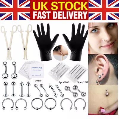 42Pcs Professional Body Piercing Tool Kit Ear Nose Navel Nipple Needles DIY Set • £6.99