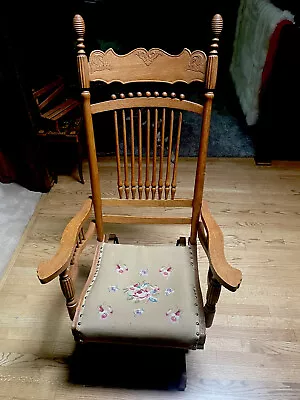 Antique Oak Wood With Embroidered Seat With Head To Head Nail Edge Glider Rocker • $200