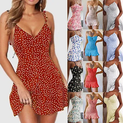 $3.99 • Buy Women's Boho Floral Summer V Neck Party Evening Beach Short Mini Dress Sundress