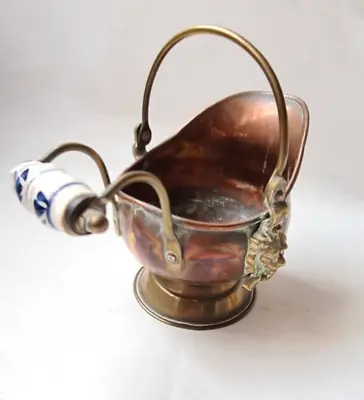 Vintage Mini Copper & Brass NOVELTY COAL SCUTTLE Plant Pot Holder - Lion's Heads • £9.95