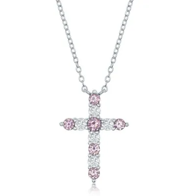 $28.62 • Buy Sterling Silver Pink CZ October Birthstone Cross Necklace