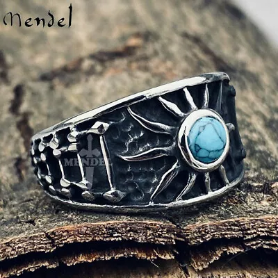 MENDEL Mens Sun Turquoise Biker Band Ring Stainless Steel Size 7 8 9 10 11 12-15 • $13.99