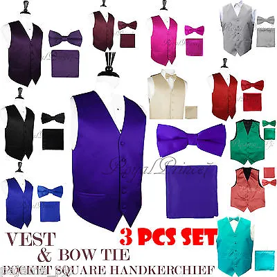 Brand Q SOLID Design Dress VEST Pre-Tied BOW TIE & HANKIE SET For Suit Or Tuxedo • $23.35