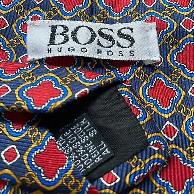 Hugo Boss Men Silk Necktie Handmade In Italy Red Blue Italian Geometric Tie • $27.95