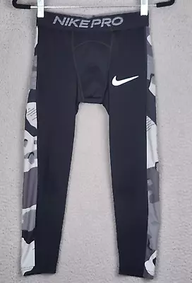 NIKE PRO Training Tights Mens Small Black Dri-Fit Camo Big Swoosh 3/4 Length • $14.08