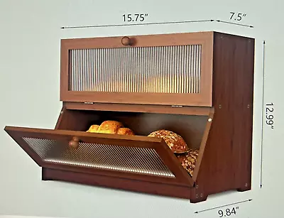 Double Layer Bamboo Large Bread Box For Kitchen Counter Large Capacity • $35