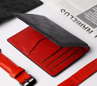 Black Red Ostrich Leather Slim Wallet Minimalist Holder Credit Card Wallet Gifts • $75.05
