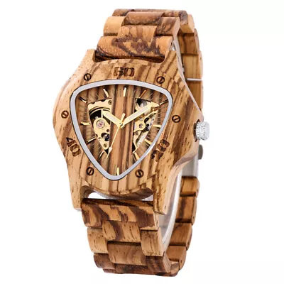 Men's Automatic Mechanical Watches Triangle Dial Natural Stylish Wooden Bracelet • $59.39