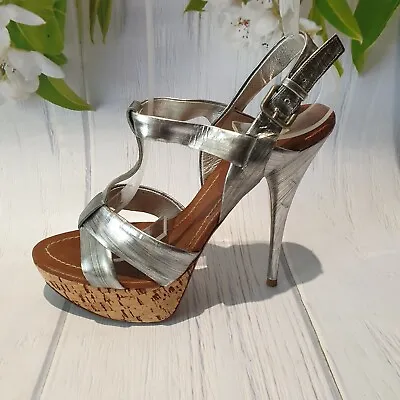 MIU MIU Ladies EU 38.5 PLATFORM SHOES Sandals High Heel SILVER Stiletto Designer • £62