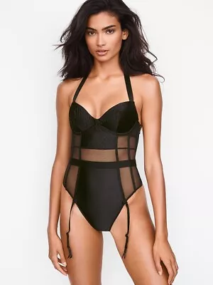 VICTORIA'S SECRET Very Sexy Black Quilted Satin Merrywidow Bodysuit Size 34C • $75