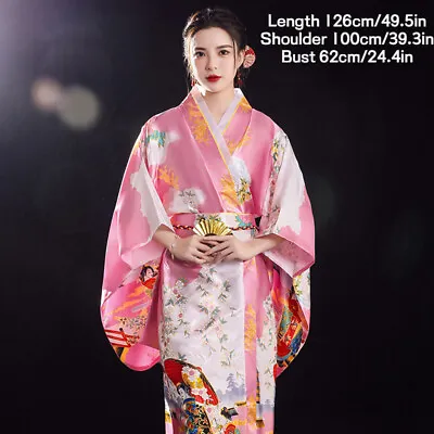 Japanese Women Kimono Satin Floral Yukata Bride Nightgown Pajama Clothes Pink • £32.39