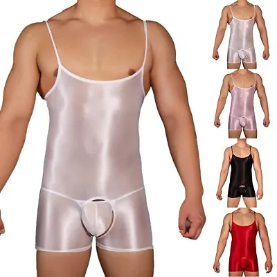 £8.60 • Buy Mens Lingerie See Through Sheer Glossy Bodysuit Open Crotch Trunk Shorts
