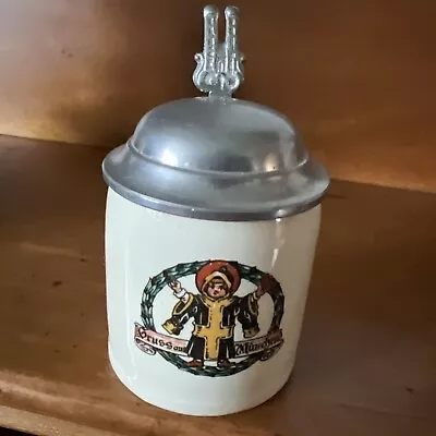 Antique German Gruss Aus Munchen Mini Child Porcelain Beer Stein Mug Pewter Lid • $96