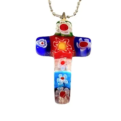 Murano Glass Cross Pendant Necklace Millefiori Multicolor Bohemian Artsy VTG 29  • $27.97