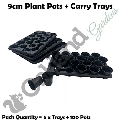 100 X 9cm Plant Pots With Carry Trays Garden Nursery Plastic Flower Pot Black • £13.75