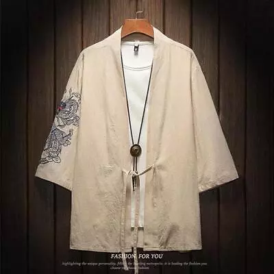 Men's Retro Japanese Street  Kimono Shirt Chinese Dragon Embroidery 3/4 Sleeves • $40.18