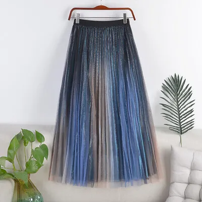 £19.19 • Buy Women Gradient Sheer Tulle Pleated Skirt Dress High Waist Mesh Tutu Maxi Skirt