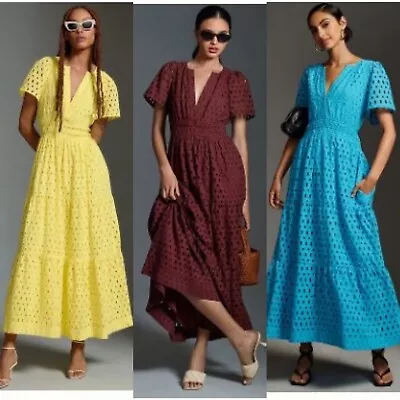 Nwt Anthropologie Somerset Maxi Dress Eyelet Edition Yellow Brown Blue Xxs - L • $99.99