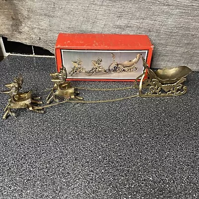 Vintage Brass Sleigh & 4 Reindeer With Chain Reins Christmas Display-18 1/2 L • $22