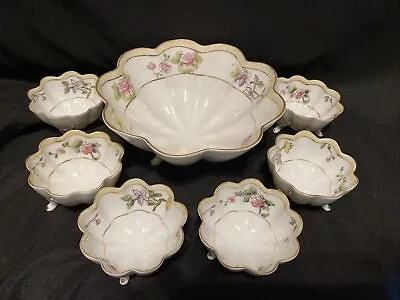 Antique Hand Painted Nippon Floral Footed 7 Piece Berry Nut Bowl Set *READ* • $39.99