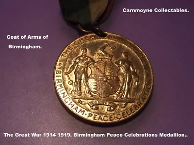 The Great War 1914-1919.Birmingham Peace Celebrations Medallion& Ribbon..AH2353. • £21.99