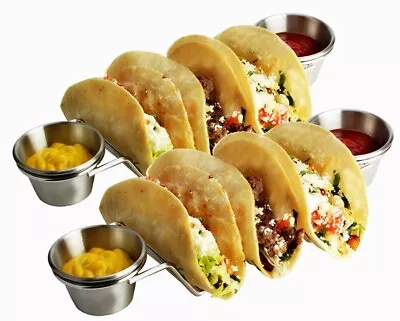 Premium Taco Holder Stand Rack 2 Pack Bundle With 4 Sauce Cups Stainless Steel • $12.99