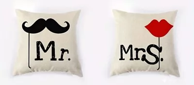 2pcs Mr & Mrs Pillow Covers Only 18x18 Wedding Decor Anniversary Mustache Lips • £19.27