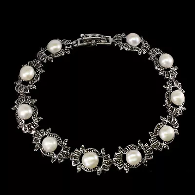 Round White Pearl 6.5mm Marcasite 925 Sterling Silver Bracelet 7.5 Inches • $69.50